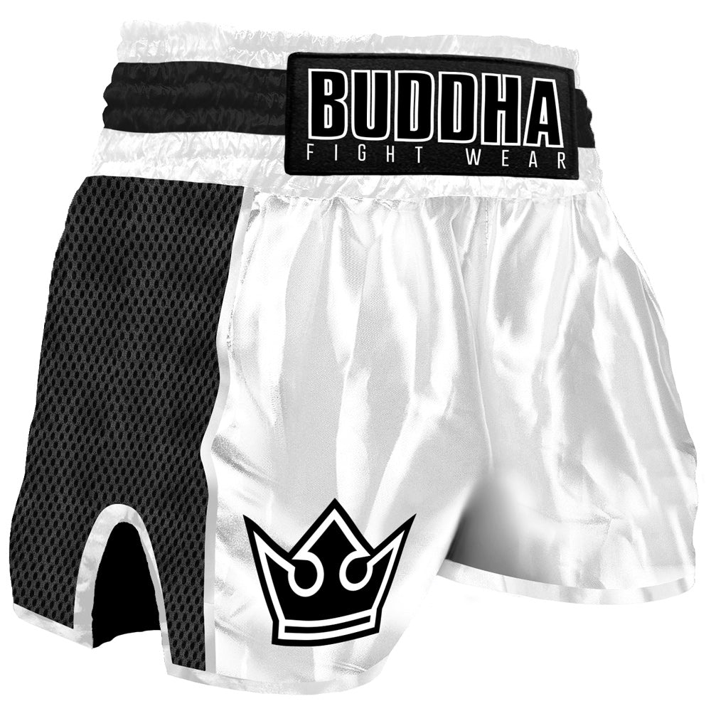Pantalón Muay Thai Kick Boxing Buddha Retro Premium Blanco-Negro - Buddha Fight Wear