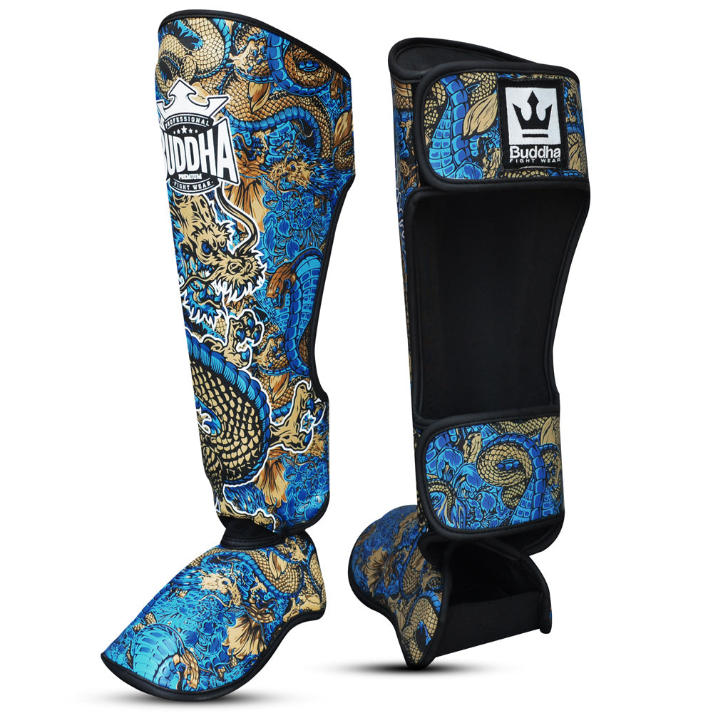 Espinilleras Muay Thai Kick Boxing Dragon Azules - Buddha Fight Wear