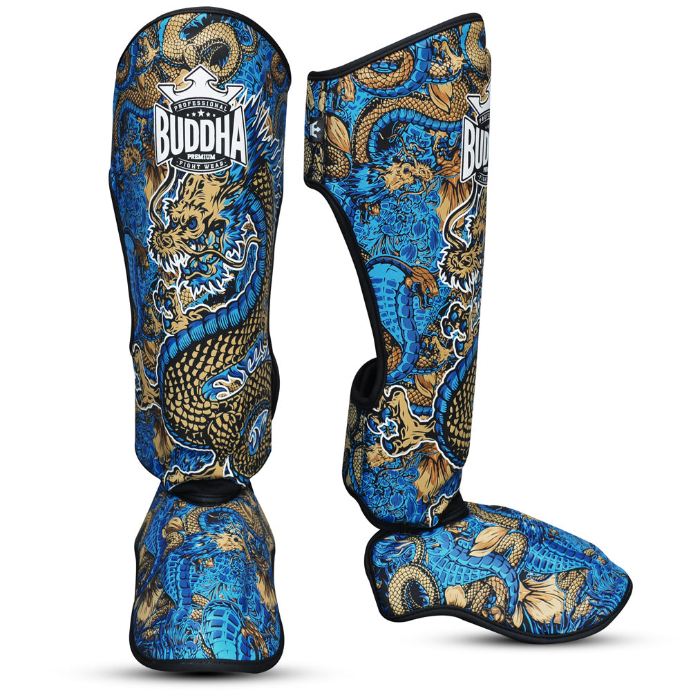 Espinilleras Muay Thai Kick Boxing Dragon Azules - Buddha Fight Wear