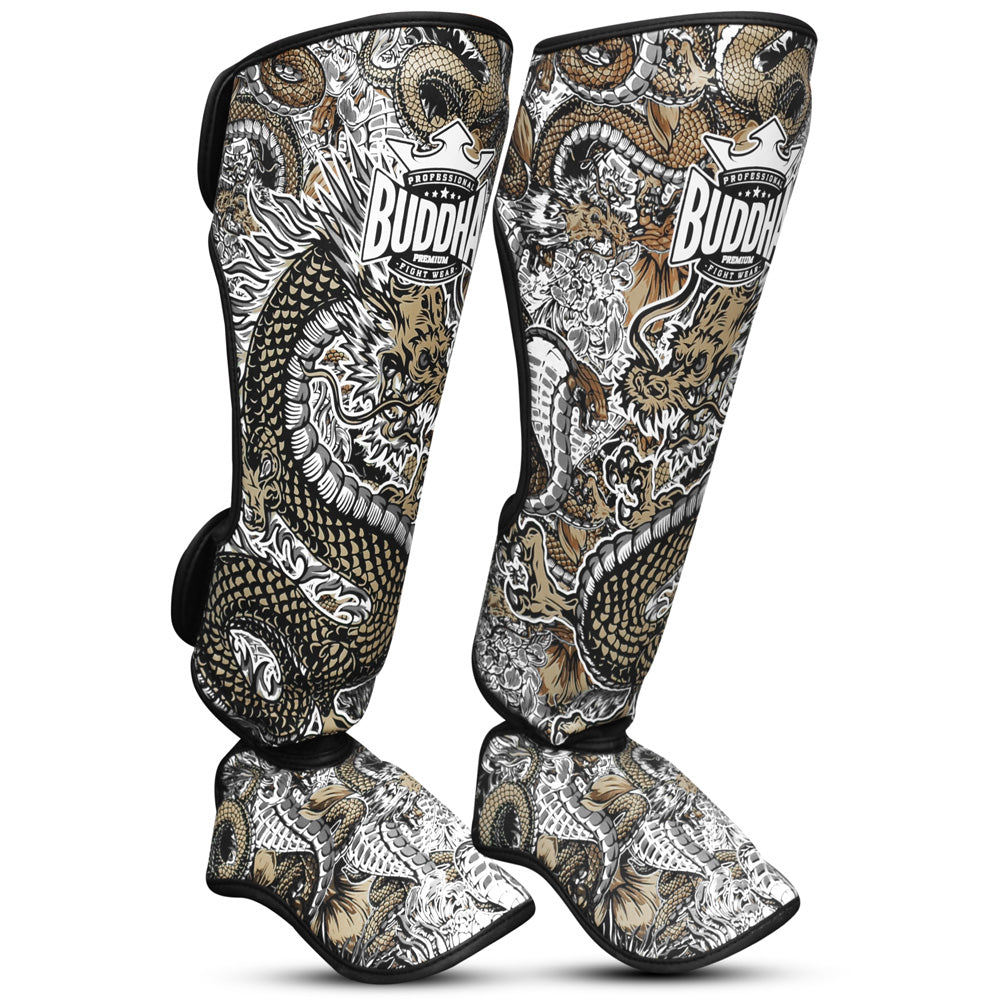 Espinilleras Muay Thai Kick Boxing Dragon Blancas - Buddha Fight Wear