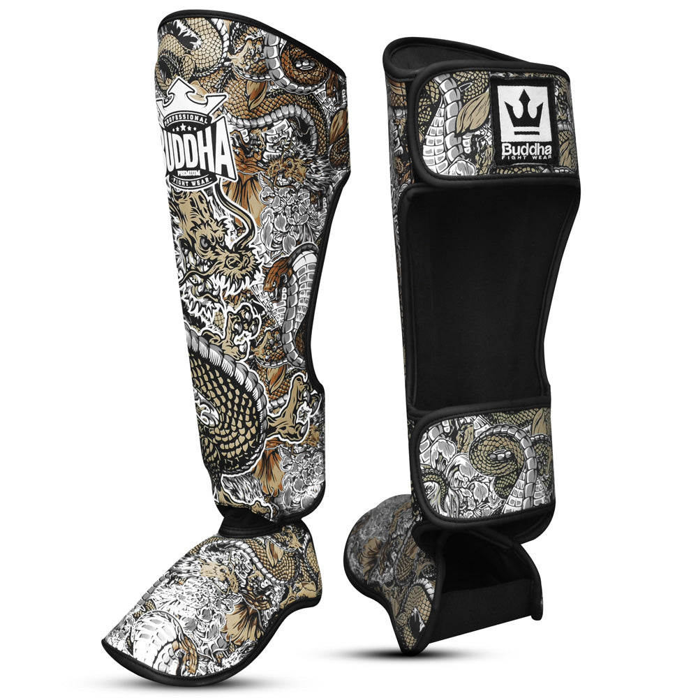 Espinilleras Muay Thai Kick Boxing Dragon Blancas - Buddha Fight Wear