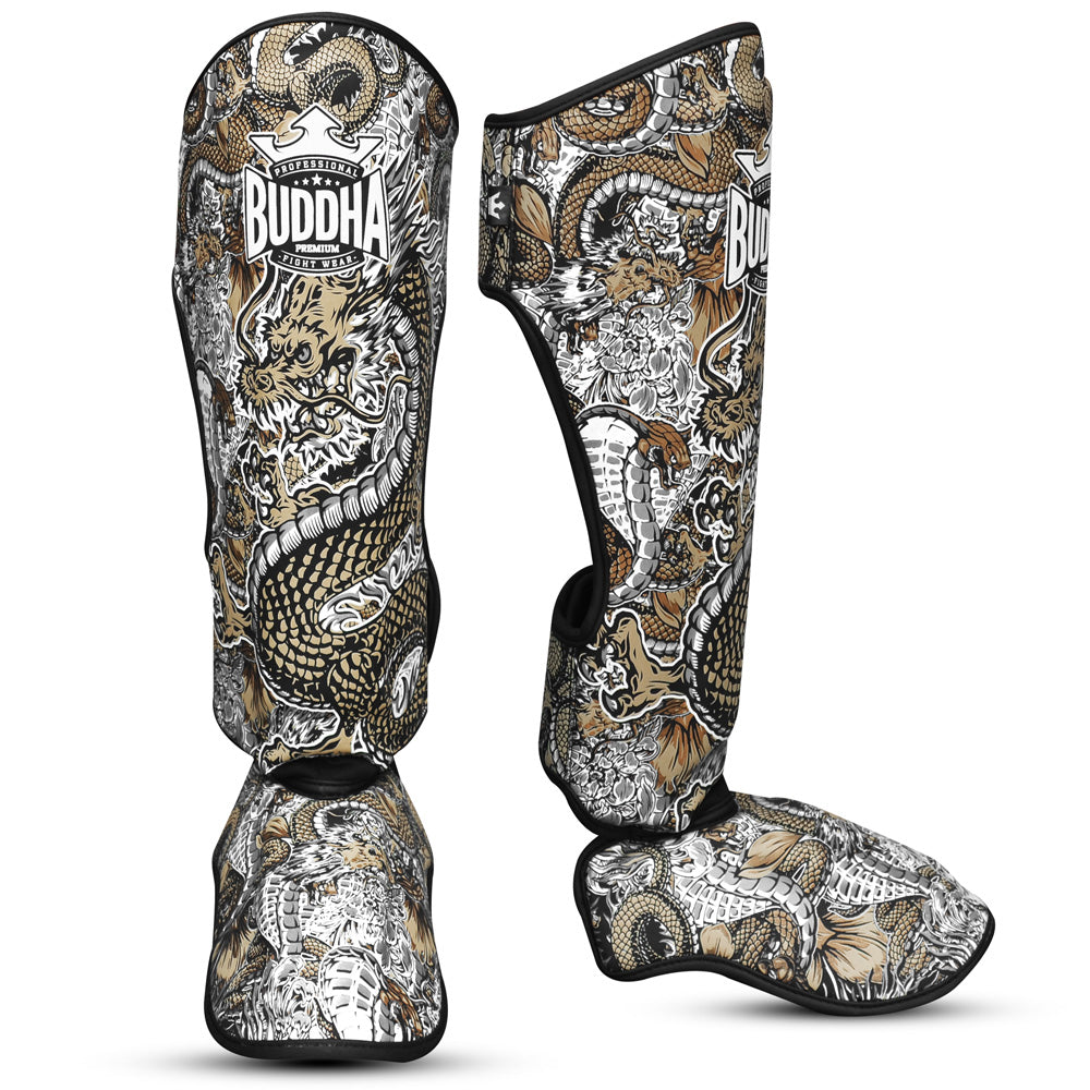 Espinilleras Muay Thai Kick Boxing Dragon Blancas - Buddha Fight Wear