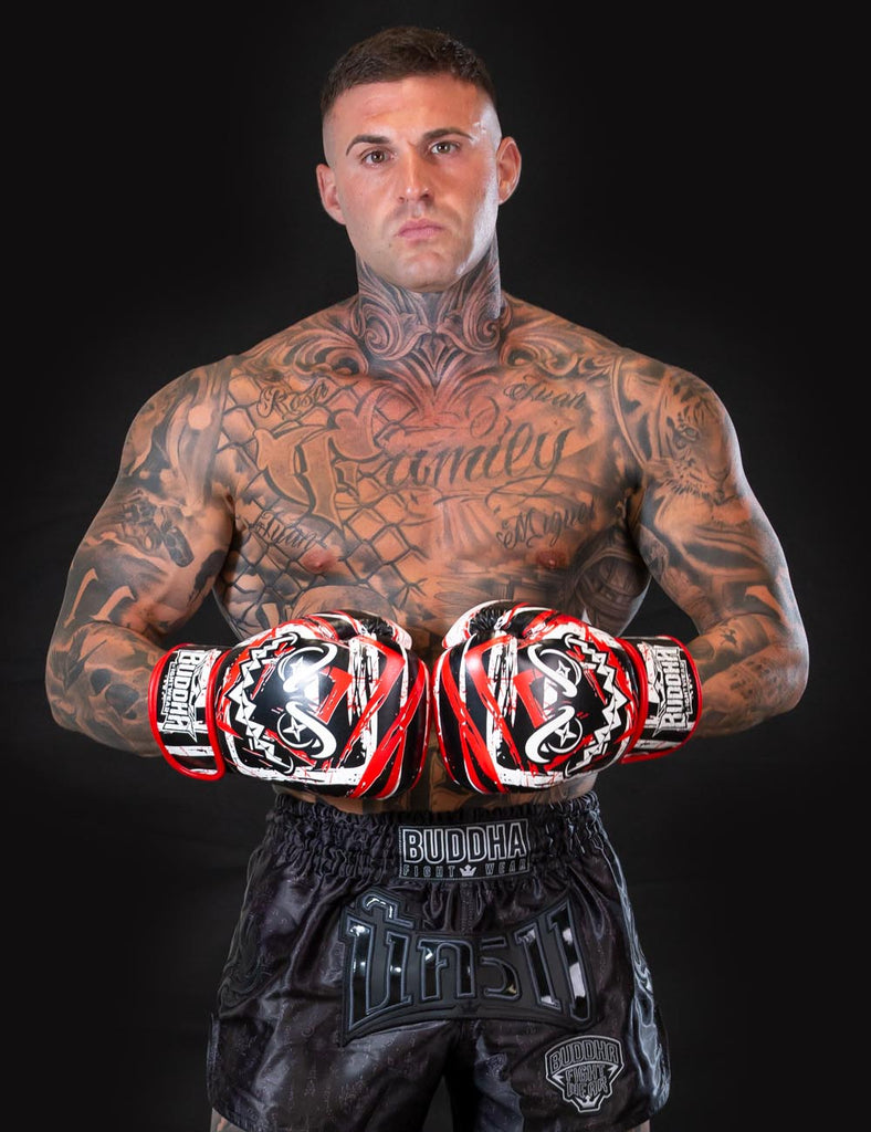 Guantes Buddha Creepy Negro Rojo Blanco para Boxeo y Muay Thai - Buddha Fight Wear