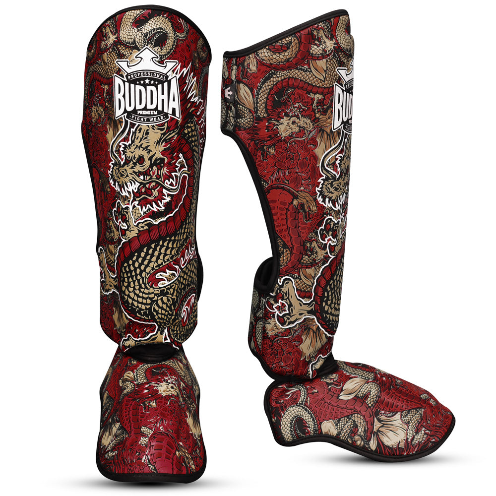 Espinilleras Muay Thai Kick Boxing Dragon Rojas - Buddha Fight Wear