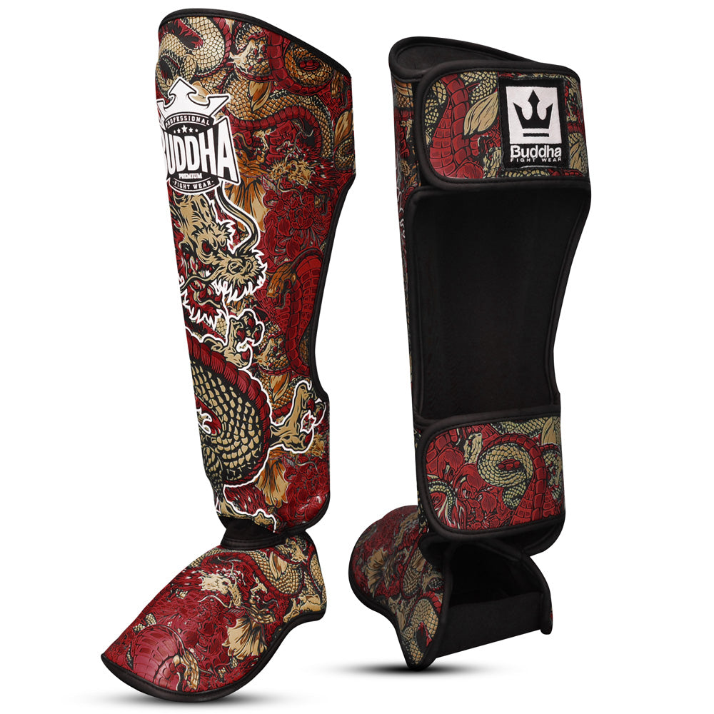 Espinilleras Muay Thai Kick Boxing Dragon Rojas - Buddha Fight Wear