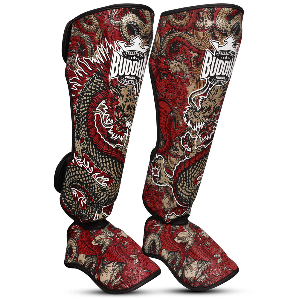 Espinilleras Muay Thai Kick Boxing Dragon Rojas - Buddha Fight Wear