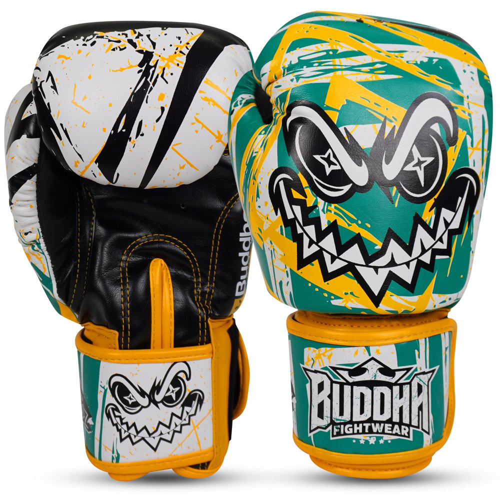 Guantes Buddha Creepy Verde Amarillo Blanco para Boxeo y Muay Thai - Buddha Fight Wear