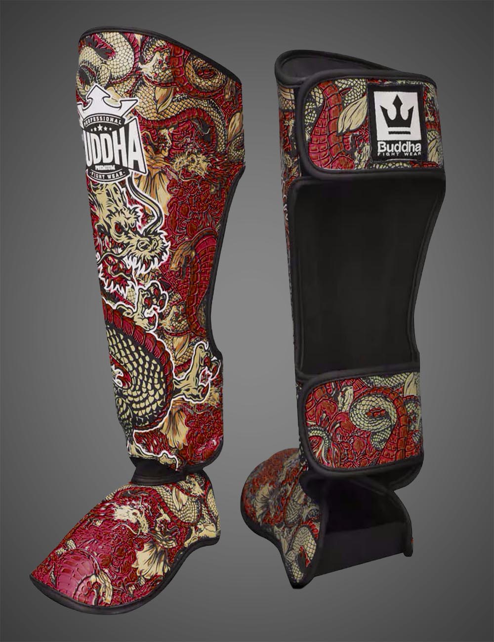 Red Dragon Muay Thai Kick Boxing Shin Guards Buddha Fight Wear
