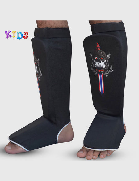 Black Tubular Buddha Shin Guards for Children Muay Thai MMA Kick Boxing
