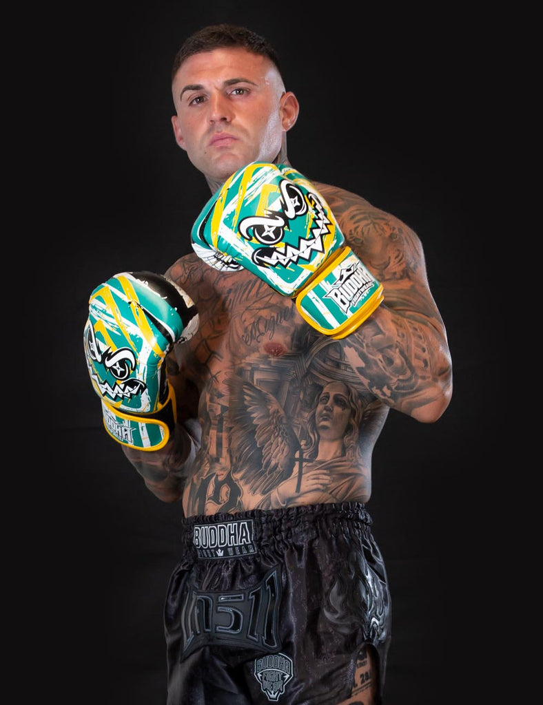 Guantes Buddha Creepy Verde Amarillo Blanco para Boxeo y Muay Thai - Buddha Fight Wear