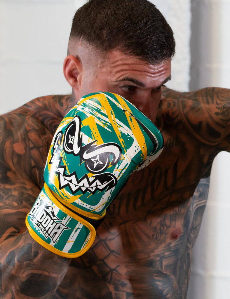 Guantes Buddha Creepy Verde Amarillo Blanco para Boxeo y Muay Thai - Buddha Fight Wear