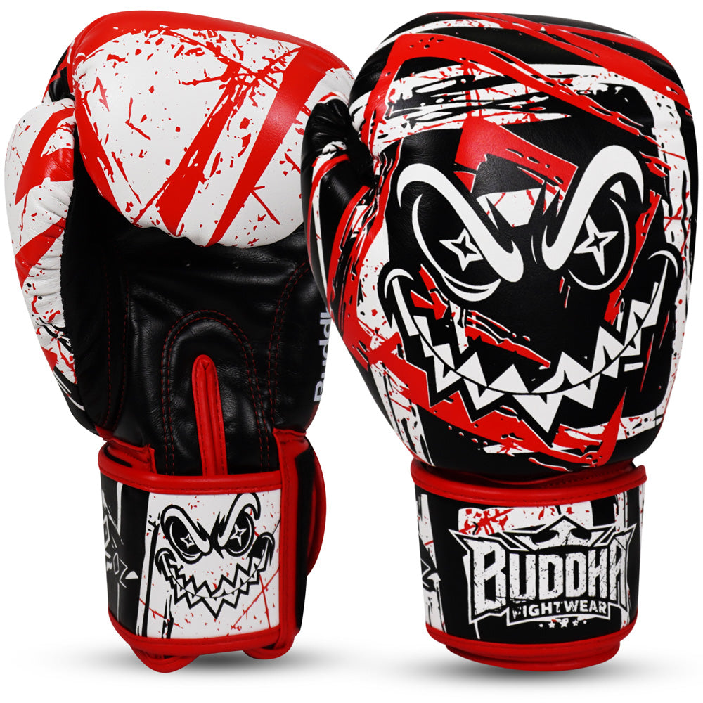 Guantes Buddha Creepy Negro Rojo Blanco para Boxeo y Muay Thai - Buddha Fight Wear