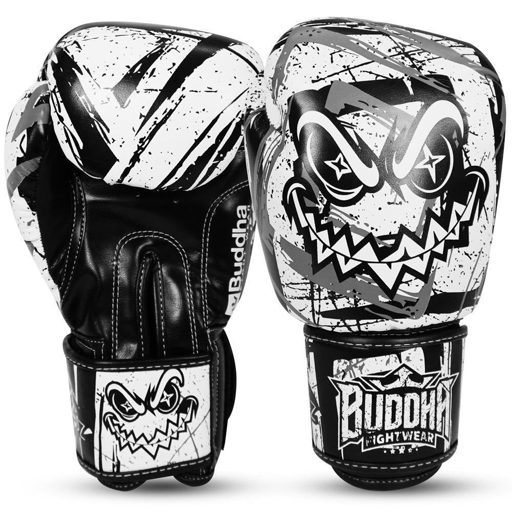 Guantes Buddha Creepy Blanco Negro para Boxeo y Muay Thai - Buddha Fight Wear