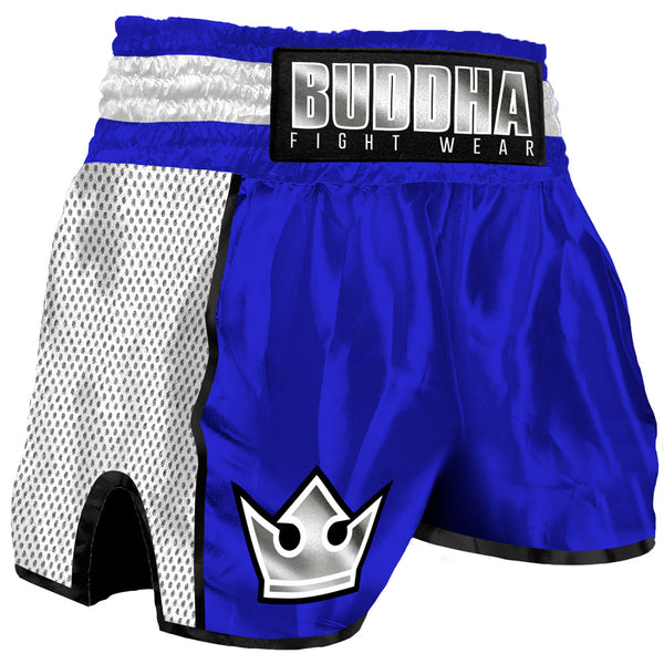 Pantalóns de boxeo Muay Thai Kick Buddha Retro Premium Azul-Branco - Buddha Fight Wear