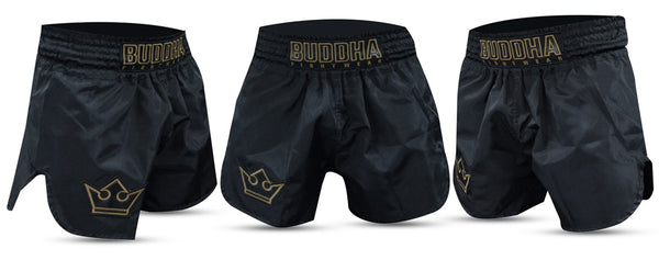 Pantalón corto tradicional de Muay Thai Old School Nylon Negro Gold - Buddha Fight Wear