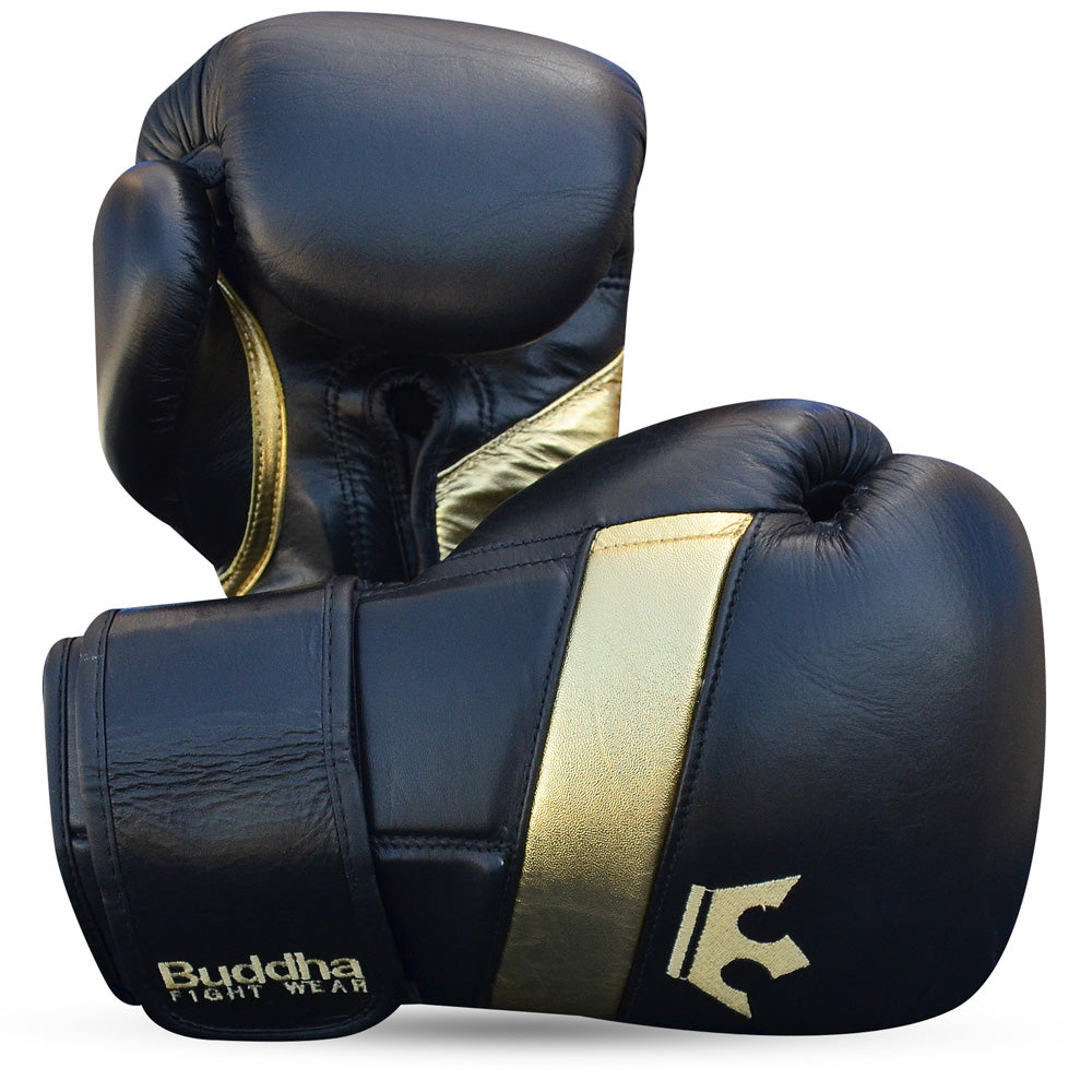 Guantes Boxeo Profesionales, Muay Thai, Kick Boxing, MMA, ADX, Piel, Negro  con Dorado, 14 oz.